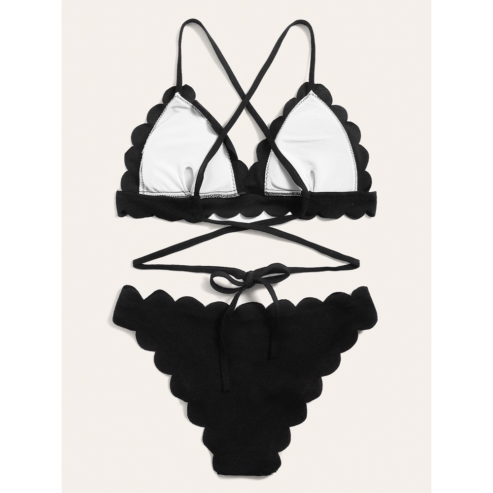 Scalloped bikini black wrap around swimsuit - Picture 2 of 3